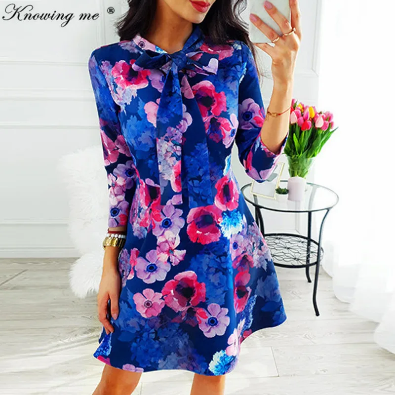 Зная меня леди с завязкой галстуком в цветы печати осеннее платье женское