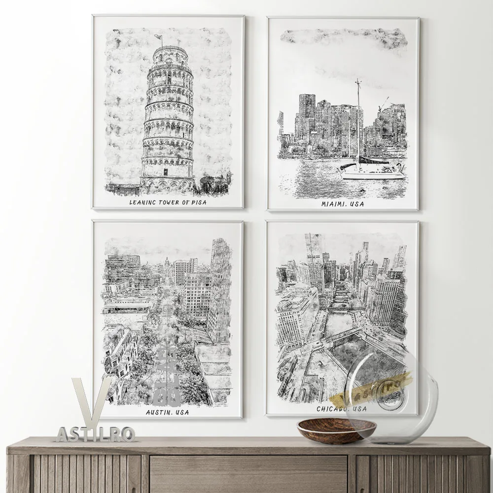 

Famous Travel Scenic Spot Tower Of Pisa Poster America Tourist City Black White Sketch Scenery Print Art Wall Picture Home Decor