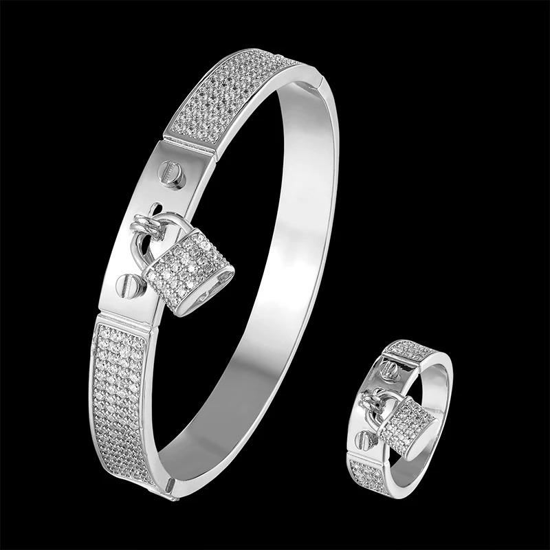

Fateama brand Simple Bangle and ring women's jewelry all zirconium micro inlaid with lock Bracelet fashion jewelry best gift