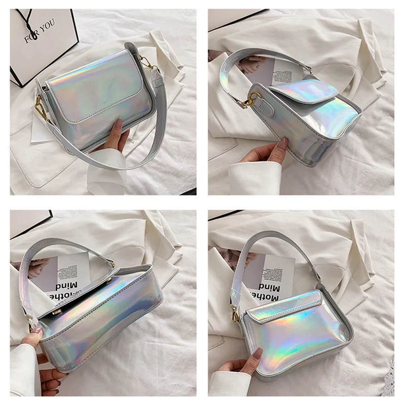 

Free shipping Luxury Laser Shoulder Designer Handbags For Women Large Capacity Flap Baguette Bags Fashion Female Underarm Bag