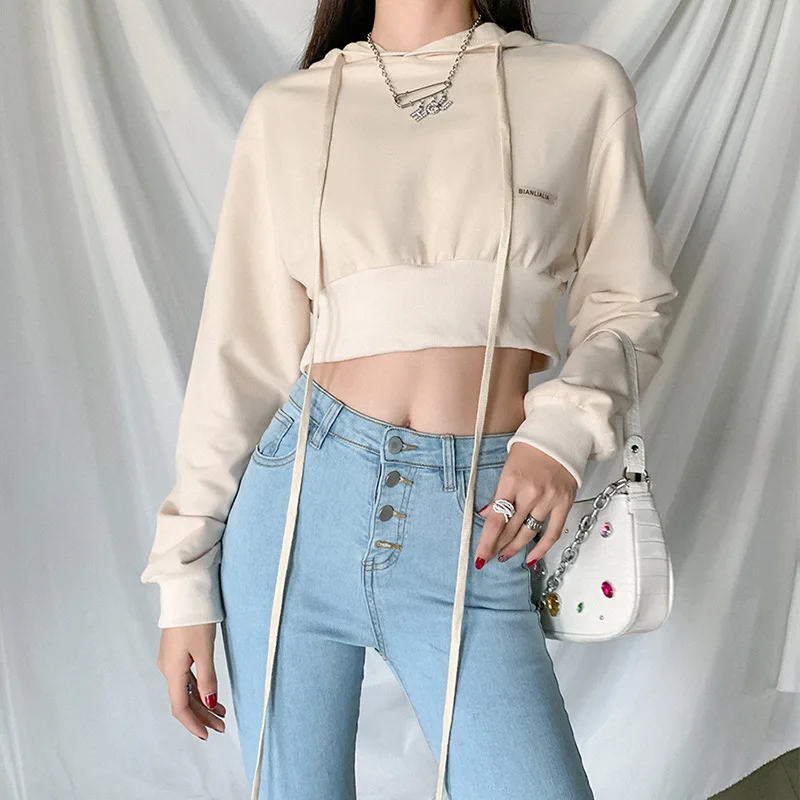 

Long Sleeve Crop Top Women Spring Hoodied Shirt Blouse Vintage Beige Tops for Teenage Girls Streeetwear Fashion Elegant Ladies