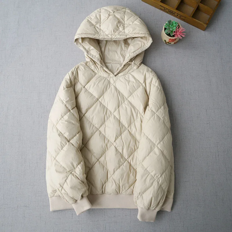 

Winter Autumn Women All-match Loose Japanese Style Pullover Hooded Down Coats Comfortable Warm 95 White Duck Down Jackets