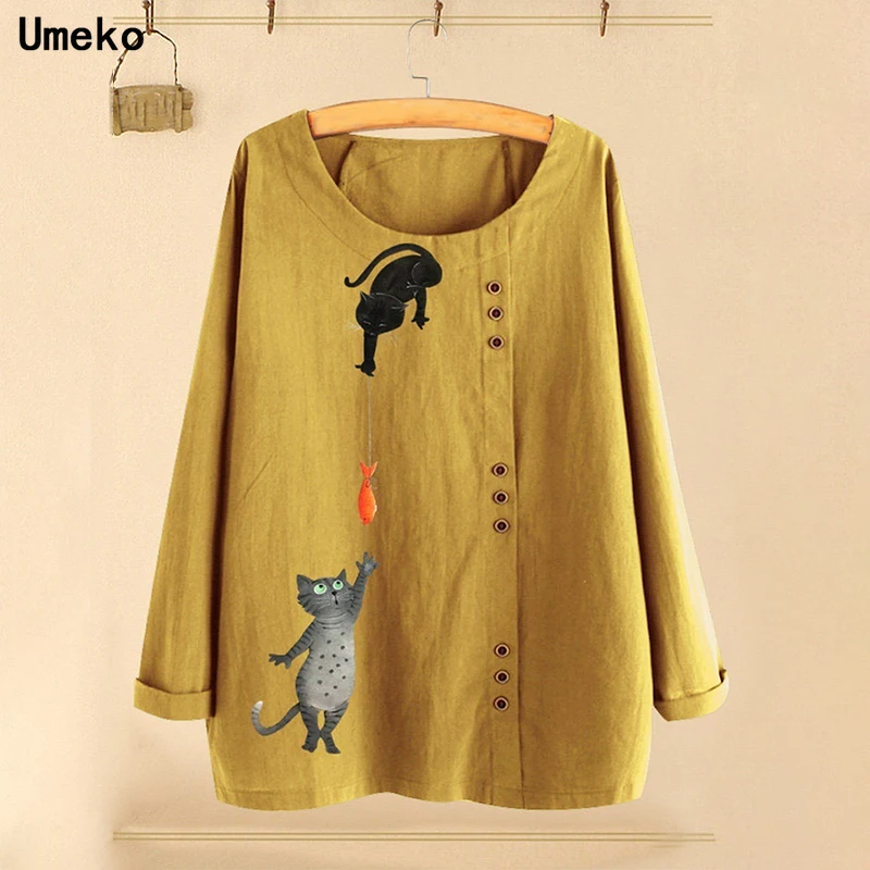Umeko 2020 Осенняя женская модная блузка на пуговицах рубашки с мультяшным принтом