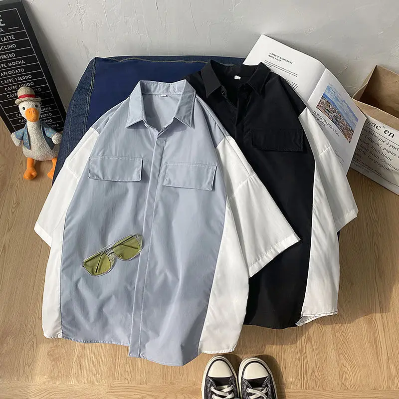 Summer Cotton Shirt Men's Fashion Contrast Color Business Casual Dress Shirt Men Streetwear Wild Loose Short Sleeve Shirt M-2XL