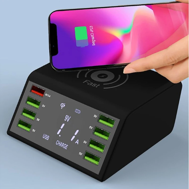 Мульти 8-портовое Беспроводное зарядное устройство USB 60 Вт светодиодный дисплей Быстрая зарядка быстрозарядная станция для iPhone 7 8 XR samsung S8 S9 S10 huawei