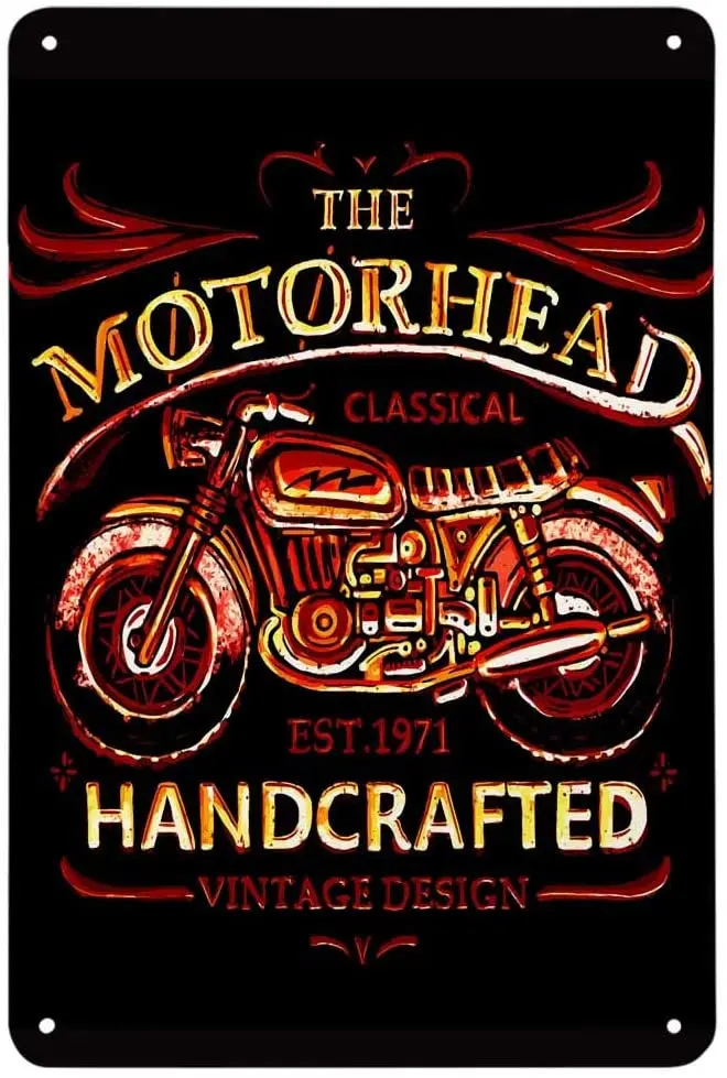 

Retro metal tin logo on motorcycle head, suitable for wall decoration of cafes, bars, interesting retro signs for men and women
