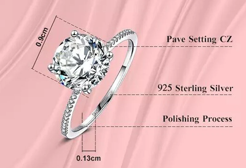 

Fashion Luxury 3 Carat Ring Original Silver 925 Jewelry Natural 9mm Zirconia Diamond Wedding Rings For Women