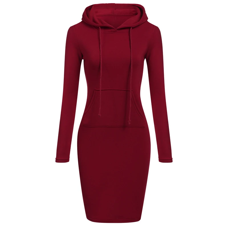 

VICABO Hooded Dress Women Casual Vestidos Solid Color Pullover Dress Drawstring Fashion Robe Sweatshirt Dress