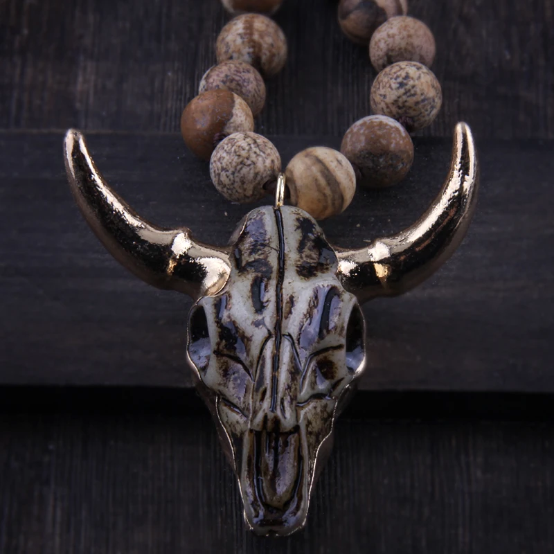 

Fashion Bohemian Jewelry Long Knotted Stone Beads 3 Color Horn Pendant Necklace For Women Ethnic Necklace