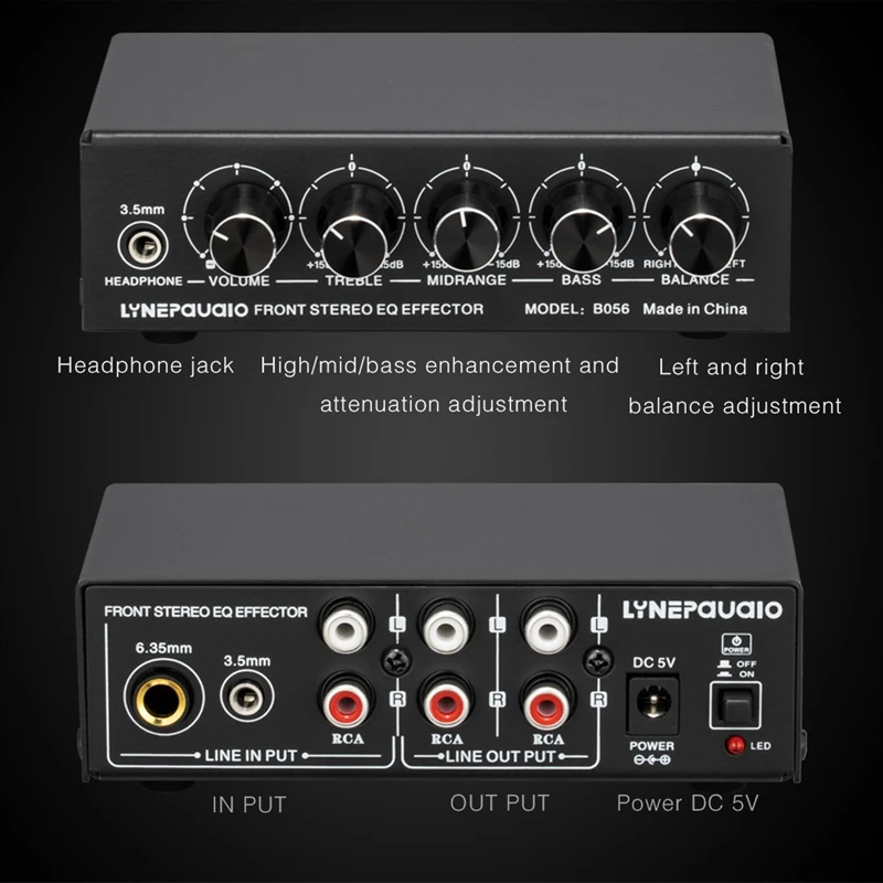 

LYNEPAUAIO Front Audio Amplifier, Stereo Tube Preamp Treble Mid Bass Tone Control Support 3-Channel 3.5mm/6.5mm/RCA Sound Mixer