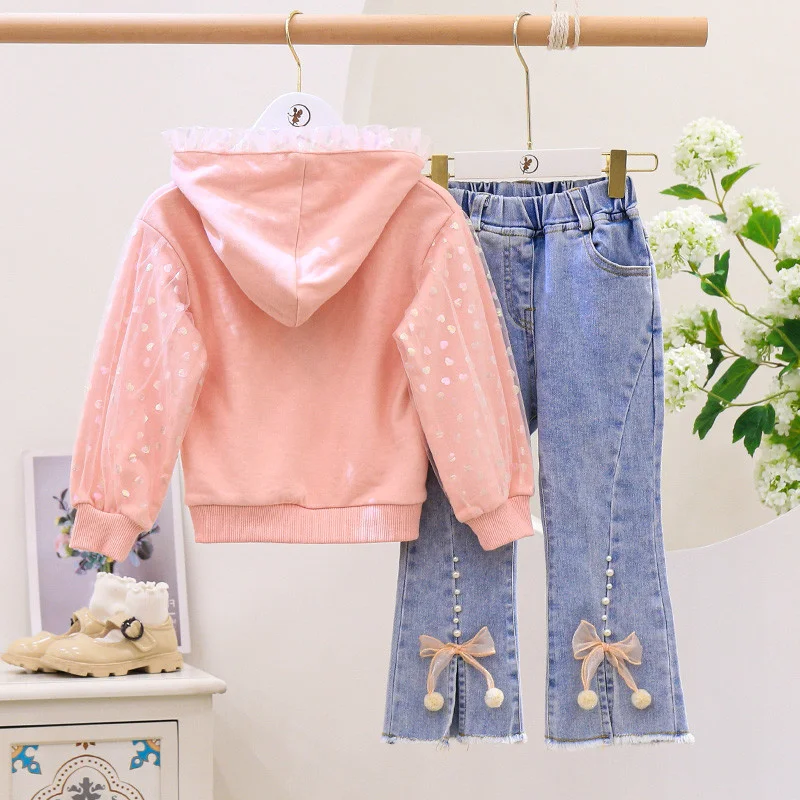 Детский комплект одежды с пайетками из мультфильма свитер капюшоном и джинсы для