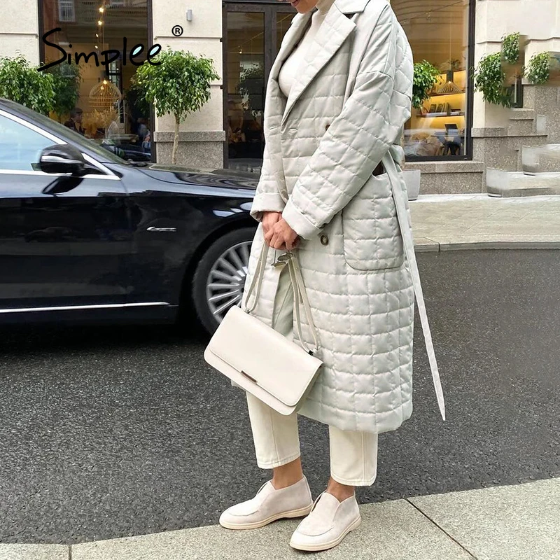 

Simplee Office lace up loose women winter parka solid Casual lapel pocket ladies long coat Basic light female puffer jacket 2021
