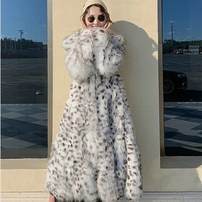 

Donsignet Womens Faux Fox Fur Coat Mid-length Fur Coat Women Young Black White Leopard Print Double-faced Fur Jacket Women