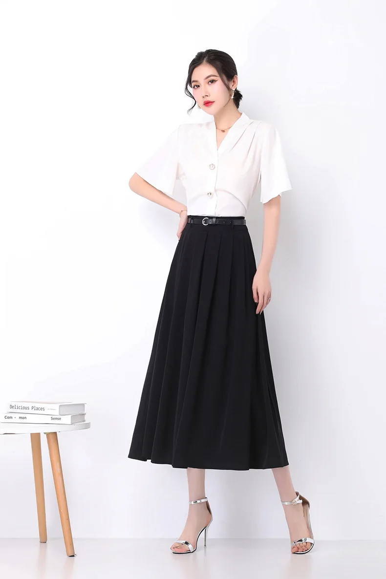 

Women High Waist Black Pleated Skirts Fashion Loose Plus Size Office Lady Elegant Chic Formal Work Long Skirt Spring Summer 5820