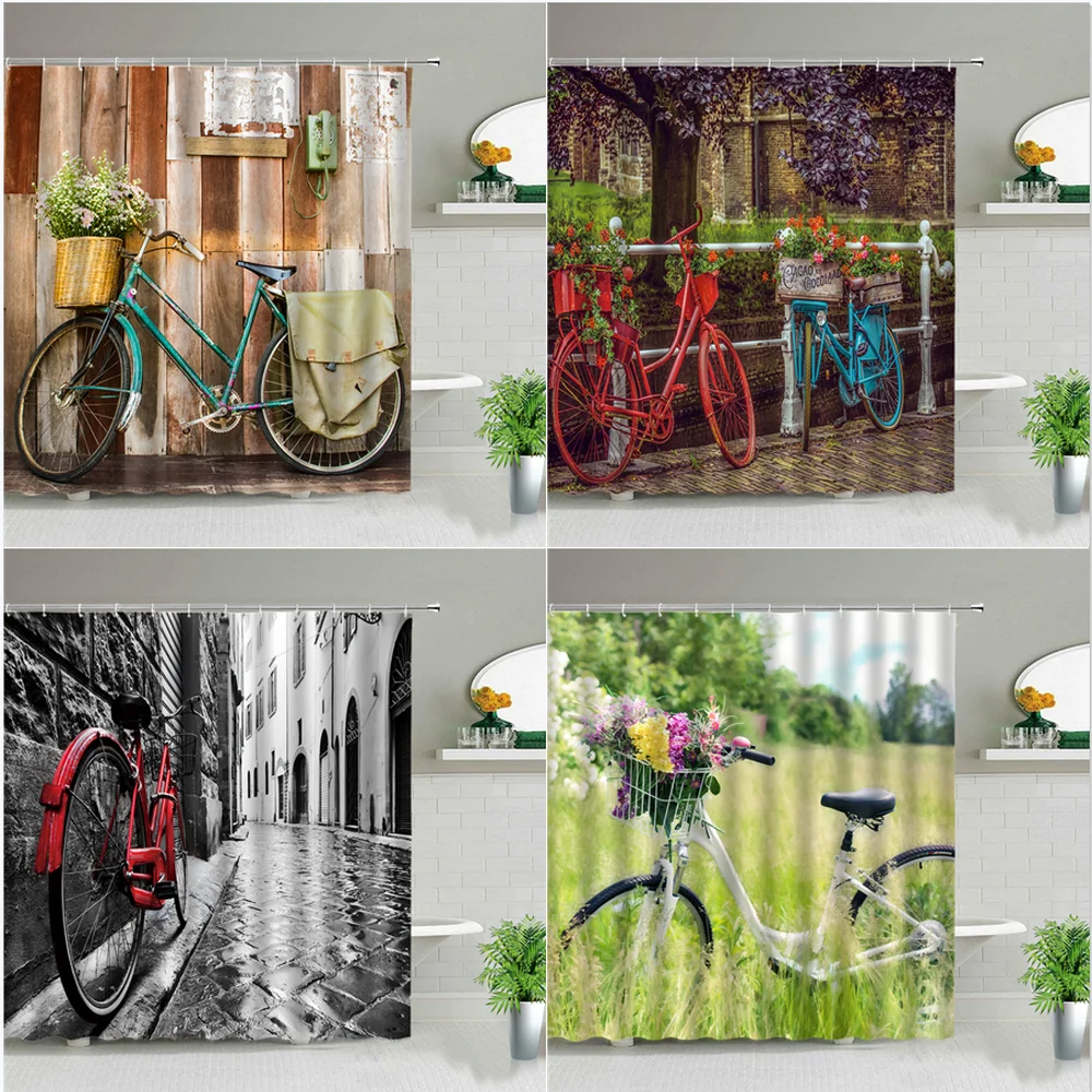 

Retro Old Street Bicycle Shower Curtains Natural Scenery Poster Backdrop Wall Decor Bathroom Waterproof Bathtub Screen With Hook