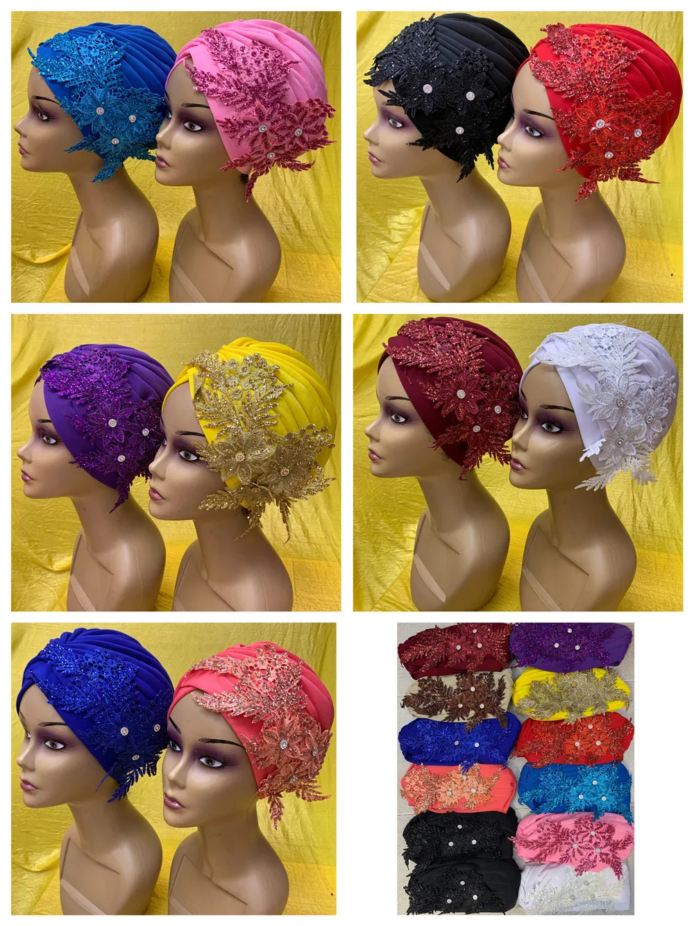 

Sequins 3D Flower Turban Bonnet For Women Muslim Headscarf Caps Party Headwear Turbante Mujer African Headtie 12pcs/pack