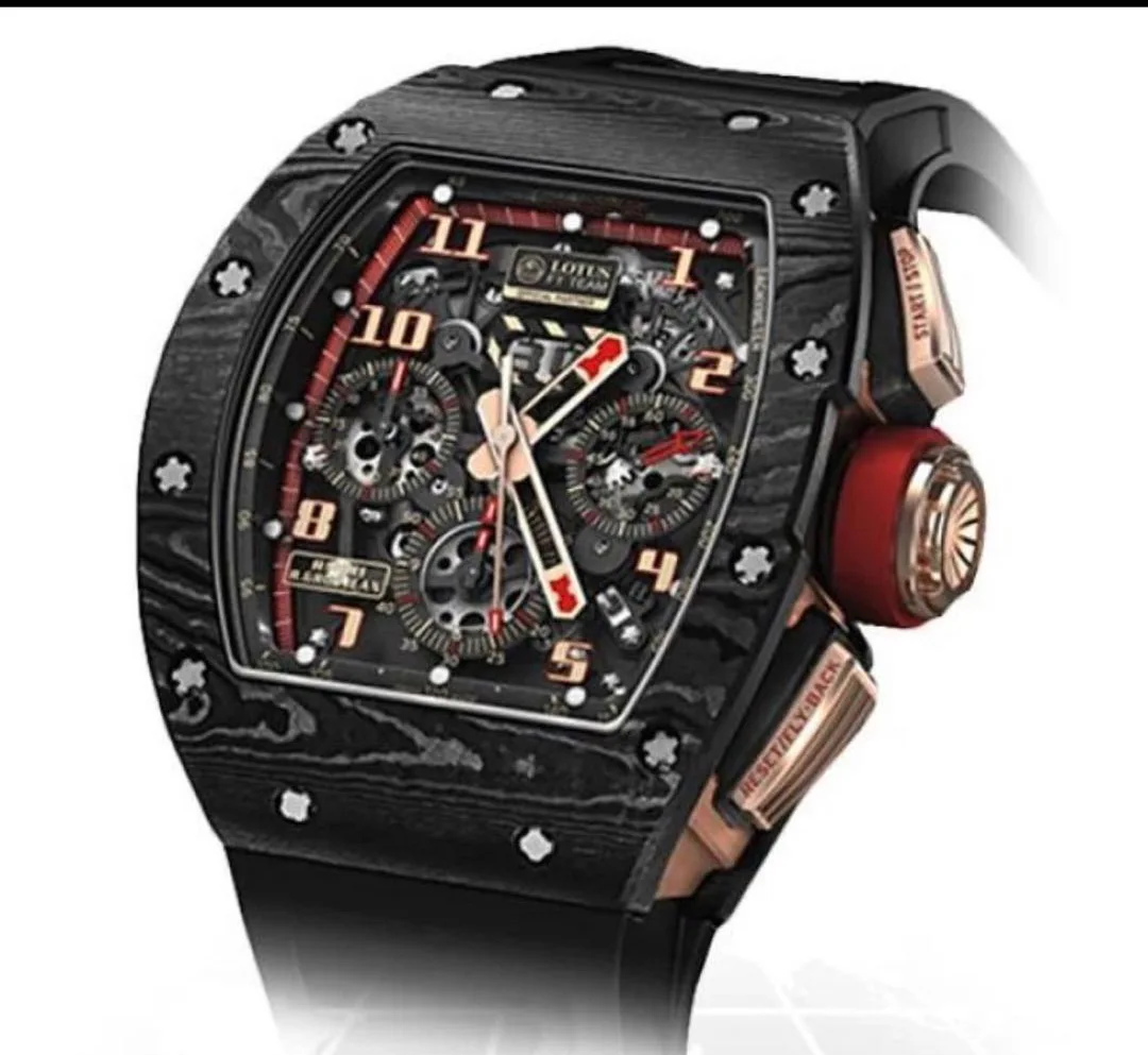 

Luxury Brand Men Automatic Mechanical Black Rubber LOTUS Carbon Fiber NTPT Flyback Watch Rose Gold ETA7750 Chronograph Luminous
