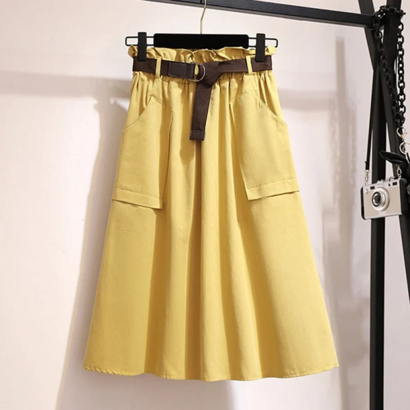 

Midi Knee Length Skirt Women With Belt Fashion Korean Ladies High Waist Pleated A-line School Skirt Female Autumn winter