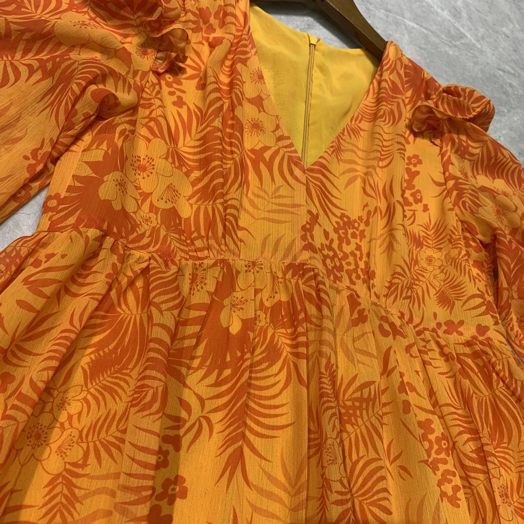 

Street Runway High Long Party Dresses Women's Full Sleeve Orange Floral Print Tied Waist Maxi Long Prom Holiday Dress