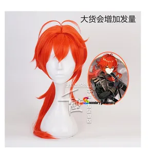 2021 Genshin Impact Diluc Cosplay Long Red Ponytail Wig Anime Cosplay Wigs Heat Resistant Synthetic The Noble Son of Dawn Winery