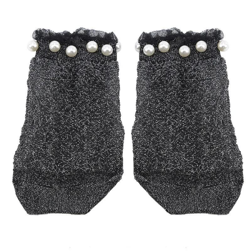 

Women Socks Female Transparent Lace Pearl Ultrathin Glass Silky Short Ankle Socks Shiny Imitation Pearl Women's Socks