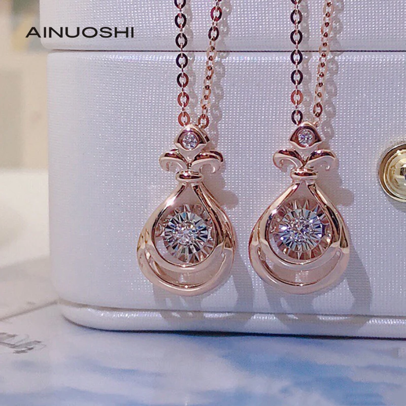 

AINUOSHI 18K Gold Round Cut 0.04 Carat Real Diamond Drop Shape Dancing Pendant Necklace For Women Anniversary Gift , 18''