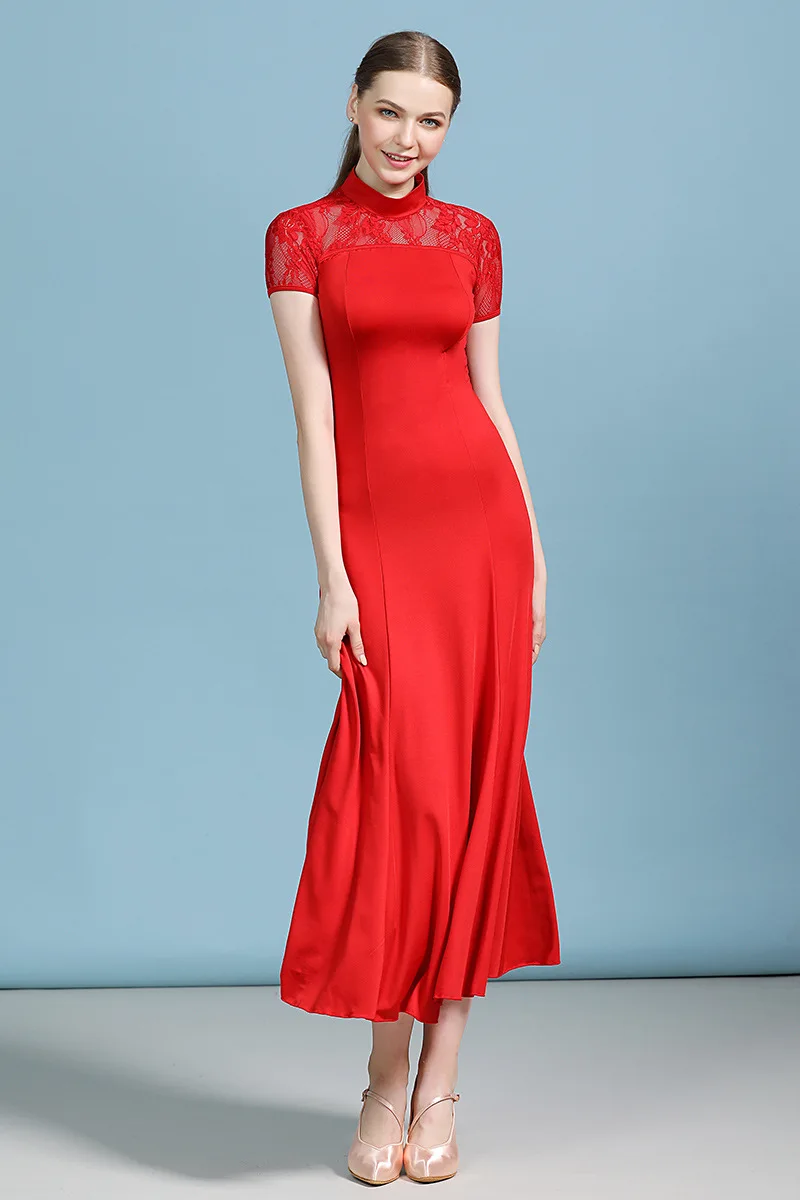 Красное Бальное танцевальное платье для женщин с длинными рукавами танцы Вальс