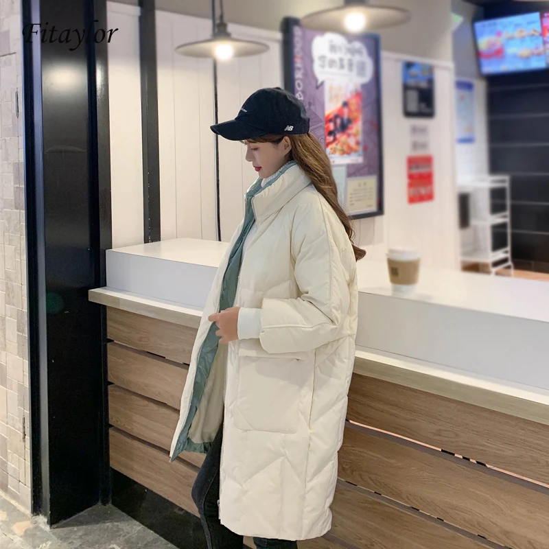 Fitaylor/зимние женские длинные парки из 90% белого утиного пуха, ультра-светильник, воротник-стойка, свободный крой, теплое плотное зимнее пальто, ветрозащитная верхняя одежда