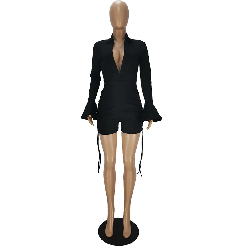 

Women Deep V Neck Sexy SKinny Playsuit Autumn Ruffle Long Sleeve Bandage Solid Color Club Bodycon Playsuit 2021 Fashion Chic