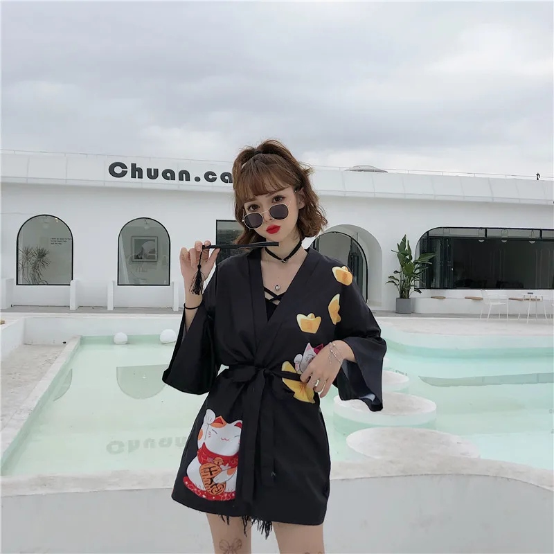 

2020 New Pink Black Loose Women Harajuku Cardigan Japanese Kimono Fashion Asia Summer Blouse Tops Casual Woman Kimonos Cosplay