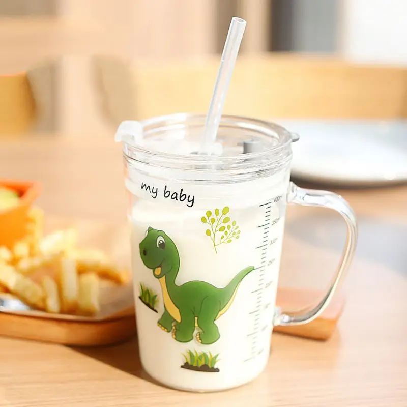 

1Set Children Cartoon Milk Cup with Straw Transparent Scale Glass Cup for Kids