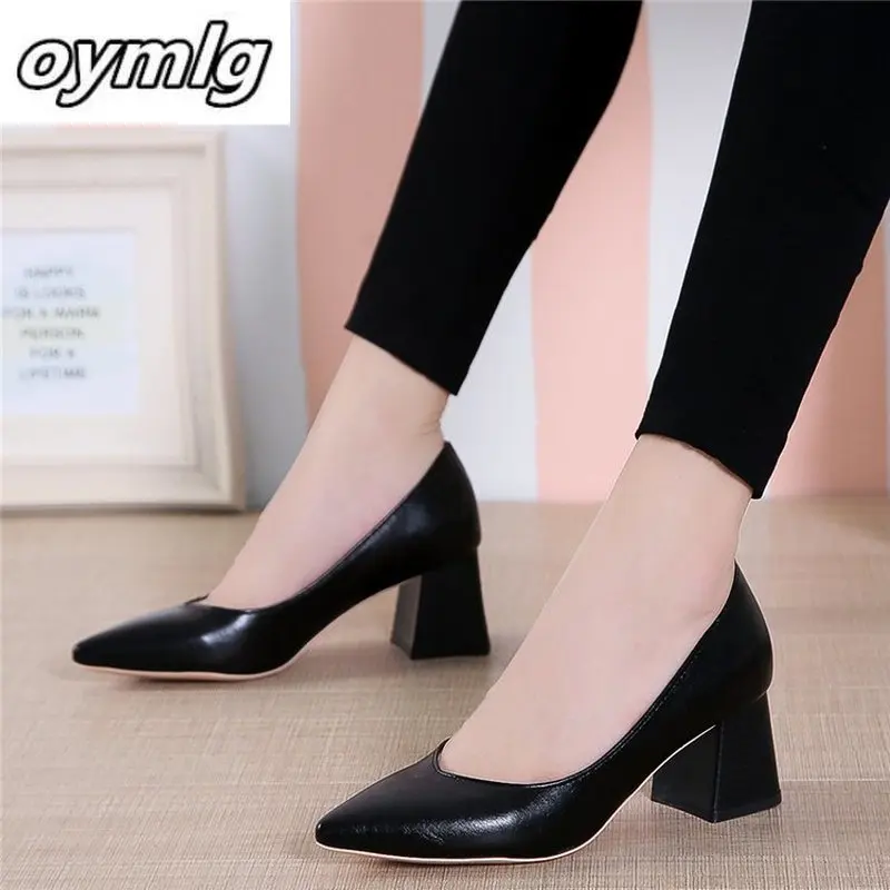 

Autumn Leather Pumps Women Med Square Heel Pointed Toe Slip On OL Lady Heels 5 cm V Mouth Sexy Stylish Work Office Shoes