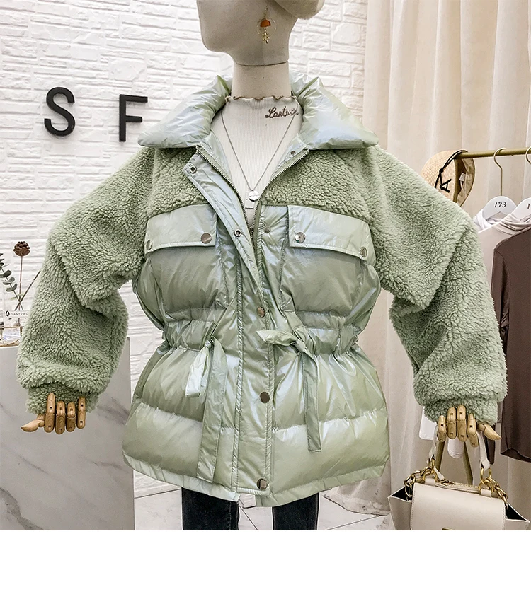Mooirue Winter Casual Parkas Sherpa Fleece Patchwork Drawstring Lace Up Vintage Coats Harajuku Jackets Female white Coats