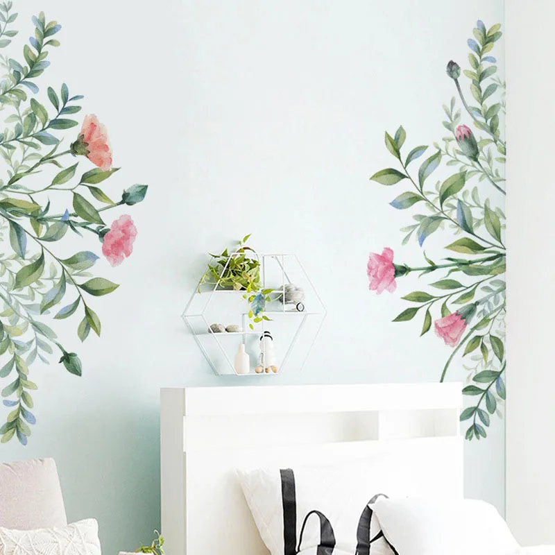 

Green Leaf Wall Sticker Red Flower Diagonal Stickers Door Living room Bathroom
