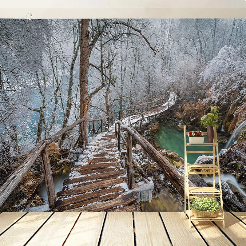 

Custom 3D Wall Mural Wallpaper Papel De Parede Home Decor Forest Lake Snowy Stairway Painting For Living Room Bedroom TV Fresco