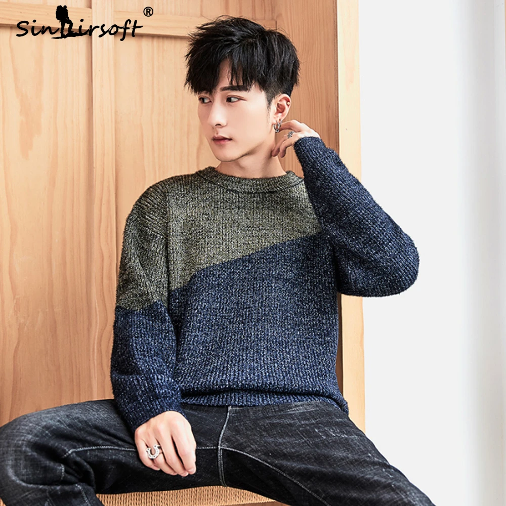 Пуловер с круглым вырезом в консервативном стиле мужской вязаный свитер пэчворк