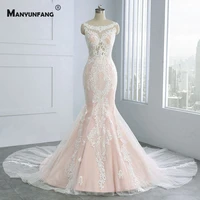 elegant o neck embroidery appliques tulle mermaid wedding dress luxury cathedral train button back sleeveless bridal gown