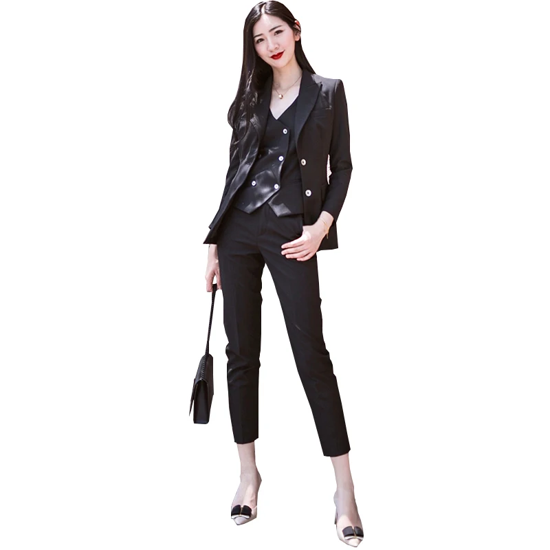 

Black Women Pant Suits Ladies Formal Business Office Tuxedo Single-Breasted Jacket+vest+Pants Suits Female Office Uniform