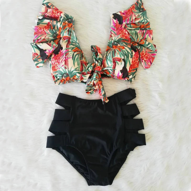 

Комплект бикини с двойными плечами и оборками, женская одежда для плавания с высокой талией, сексуальные бикини 2021, купальный костюм с V-обра...
