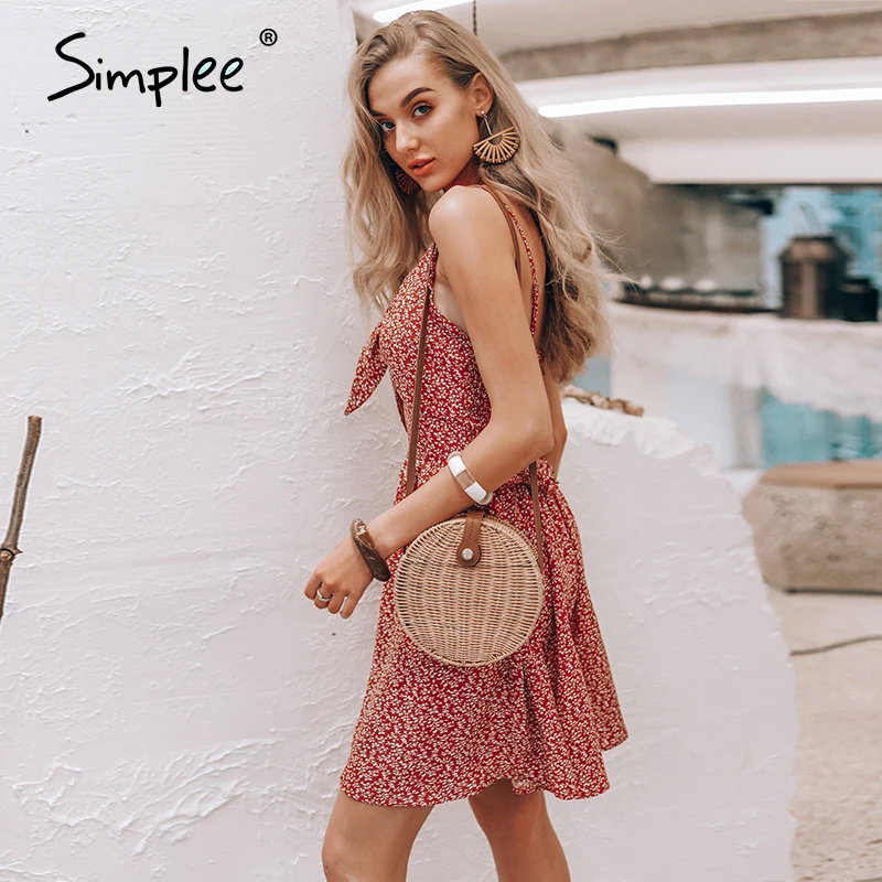Летнее женское платье мини Simplee на бретелях-спагетти сарафан бохо шнуровке 2019