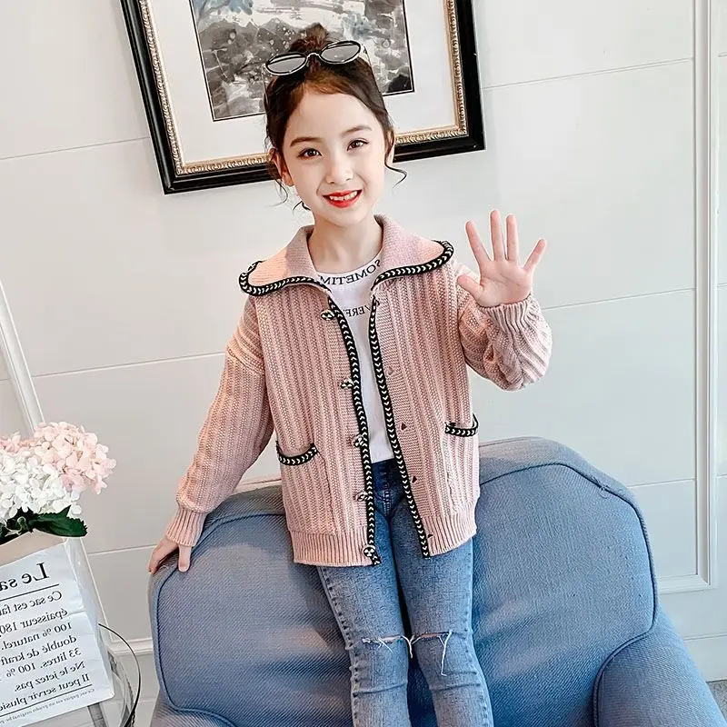 

Girl Sweater Kids Baby Outwear Tops 2021 Lapel Thicken Warm Winter Autumn Knitting School Sport Cardigan Children Clothing