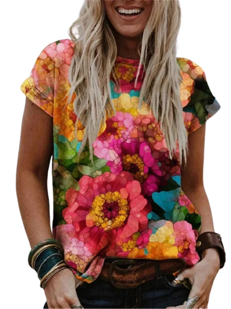 

Flower Print Women T-Shirts Female Fashion T-Shirt Top Summer Short Sleeve Casual Tee O-Neck Oversized Loose Tops