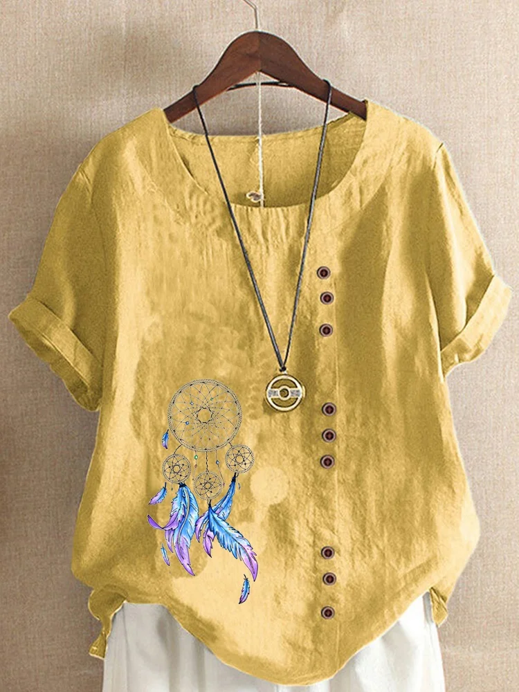 

Ladies Summer Round Neck Short Sleeve Cotton Linen Shirt Casual T-shirt Graphic Fashion Loose Solid Color Shirt Top Plus Size