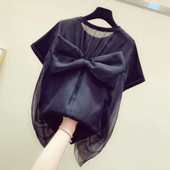 Женская летняя футболка с бантом новая модная коротким рукавом сетчатая рубашка