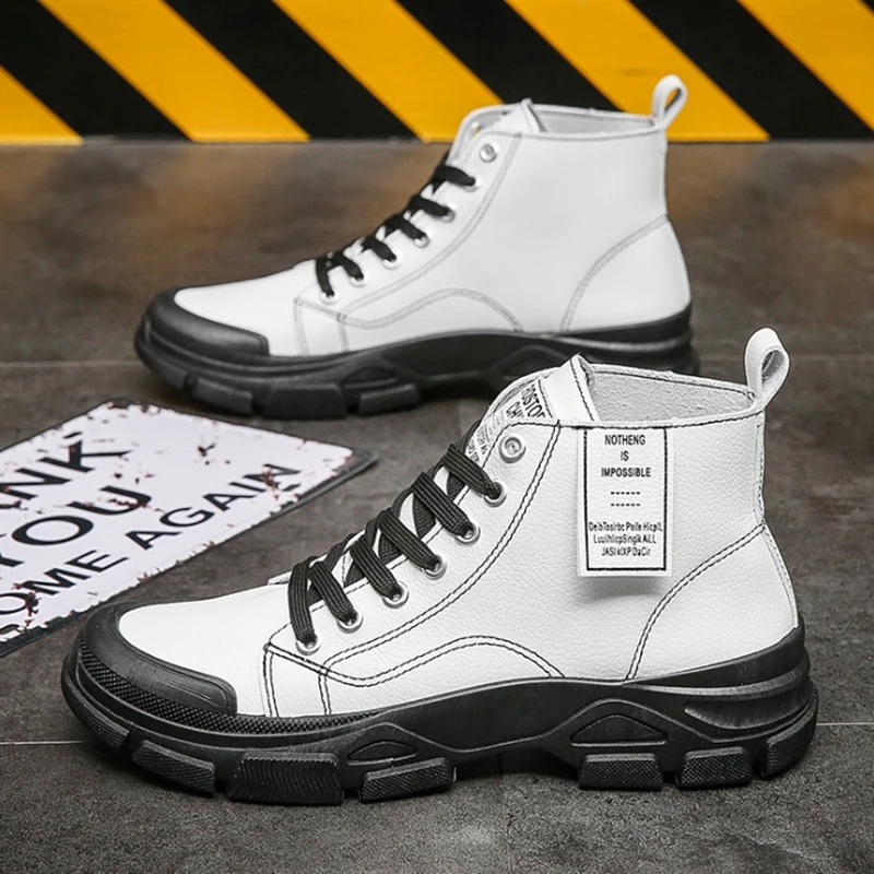 

Men Boots PU Leather Men Ankle Boots Autumn Retro Men Shoes Flats Platform Increase Comfortable 2020 Fashion Black Martin boots