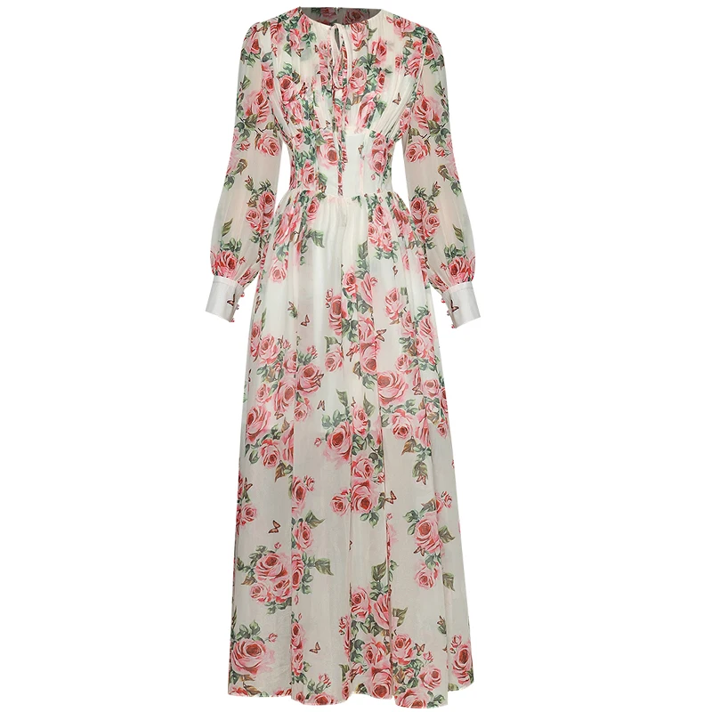 

Long Dress Designer New Runway Bohemian Spring Autumn Women'S Fashion Party Elegant Flowers Print Long Sleeve Chiffon Dresses