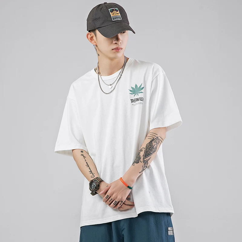 

Spring and summer new cotton t-shirt men's trend maple leaf print ins loose short sleeves