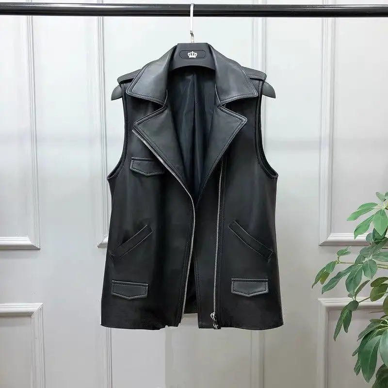 

2021 New Autumn Winter Black Sleeveless Faux Leather Jacket Coats Casual Slim Pu Pockets Zipper Jacket Women Vest Y186