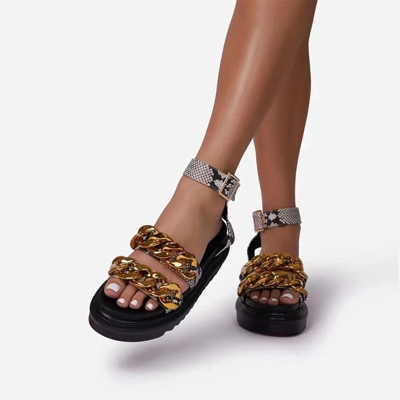 

2021 Women Snake Pattern Ankle Strap Sandals Female Summer Open Toe Beach Casual Shoes Ladies Chain Platform Flat Plus Size