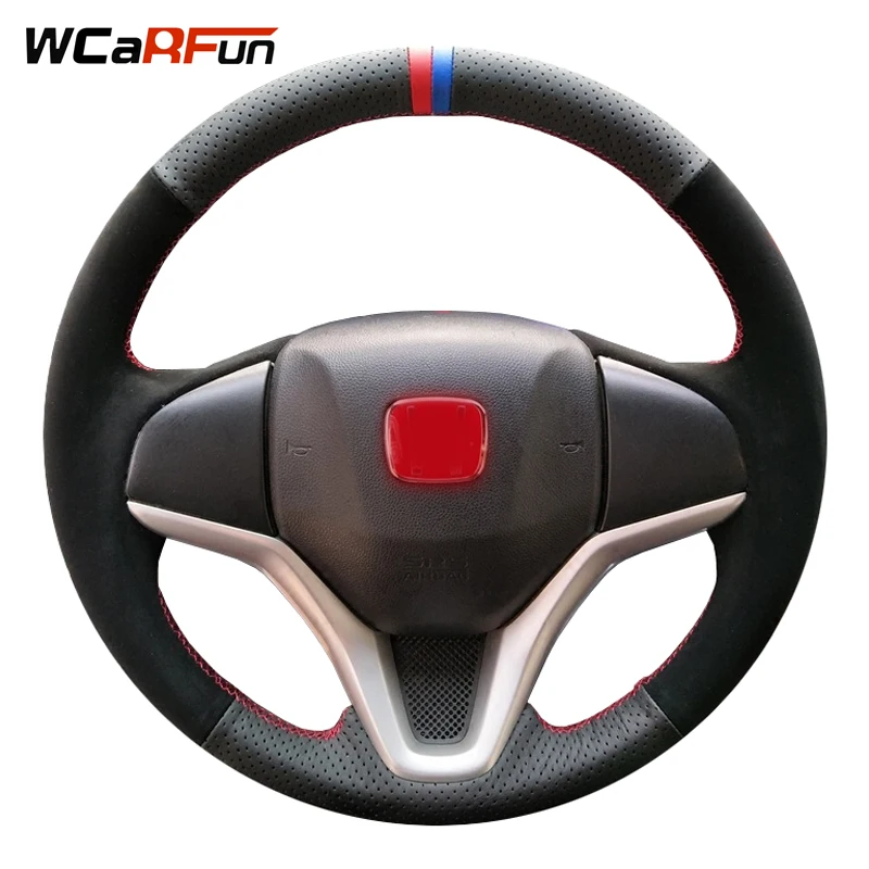 

WCaRFun Красный Синий Маркер черная замша натуральная кожа чехол рулевого колеса автомобиля для Honda New Fit City Jazz 2014 2015 HRV 2016